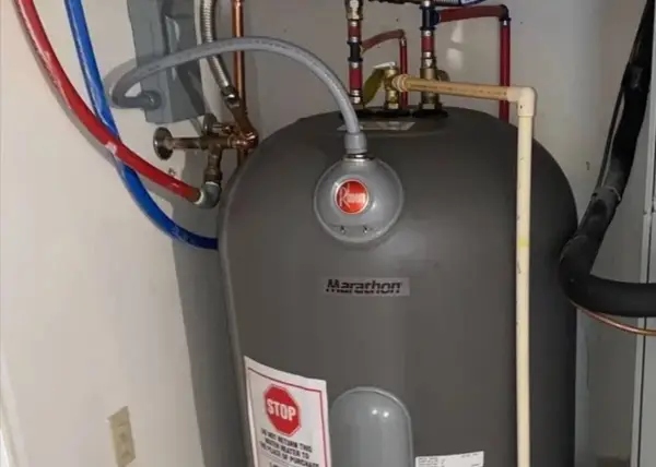 Rheem Marathon water heater installed by Haltex Plumbing with proper copper and PEX connections